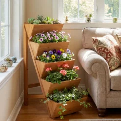 Vertikales Hochbeet mit 5 Etagen aus Tannenholz Blumenbeet mit Pflanzkästen Blumentreppe Orange