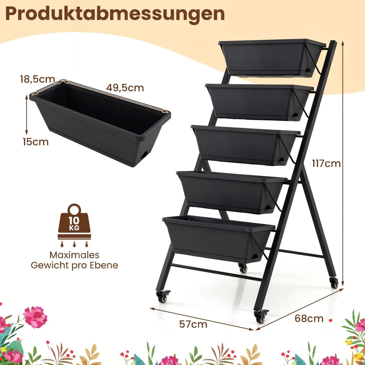 Vertikales Hochbeet mit Rollen 5 Etagen Blumentreppe aus Metall 57 x 68 x 117 cm