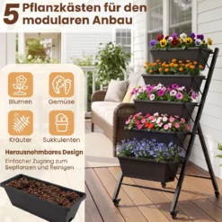 Vertikales Hochbeet mit Rollen 5 Etagen Blumentreppe aus Metall 57 x 68 x 117 cm
