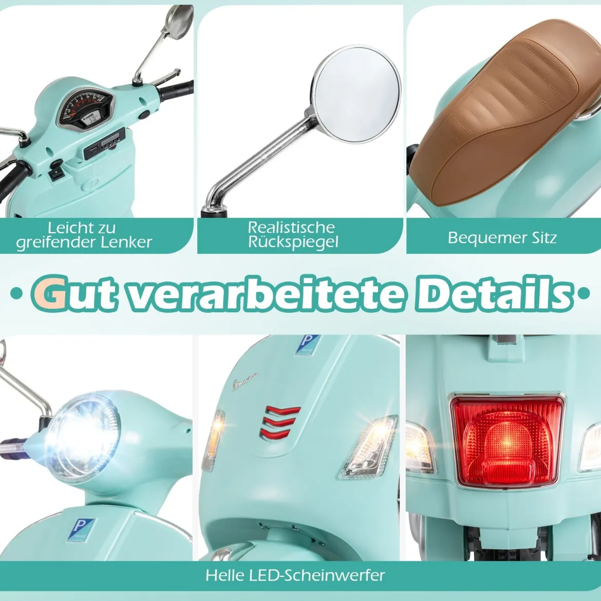 VESPA Kinder Motorrad mit LED-Scheinwerfer & Hupe Elektro Kindermotorrad Elektrofahrzeug Grün