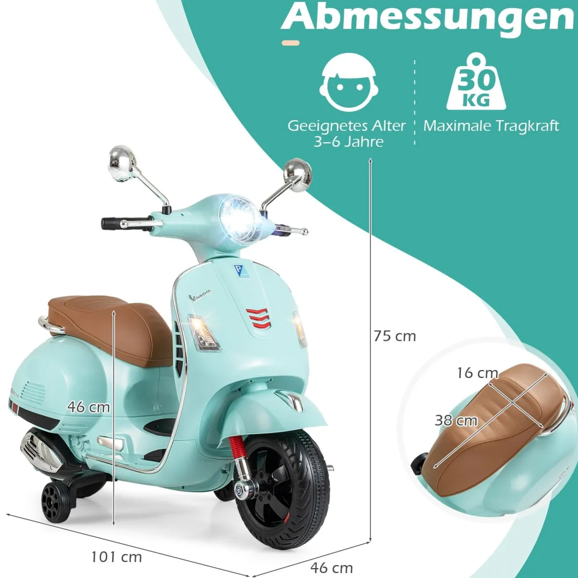 VESPA Kinder Motorrad mit LED-Scheinwerfer & Hupe Elektro Kindermotorrad Elektrofahrzeug Grün