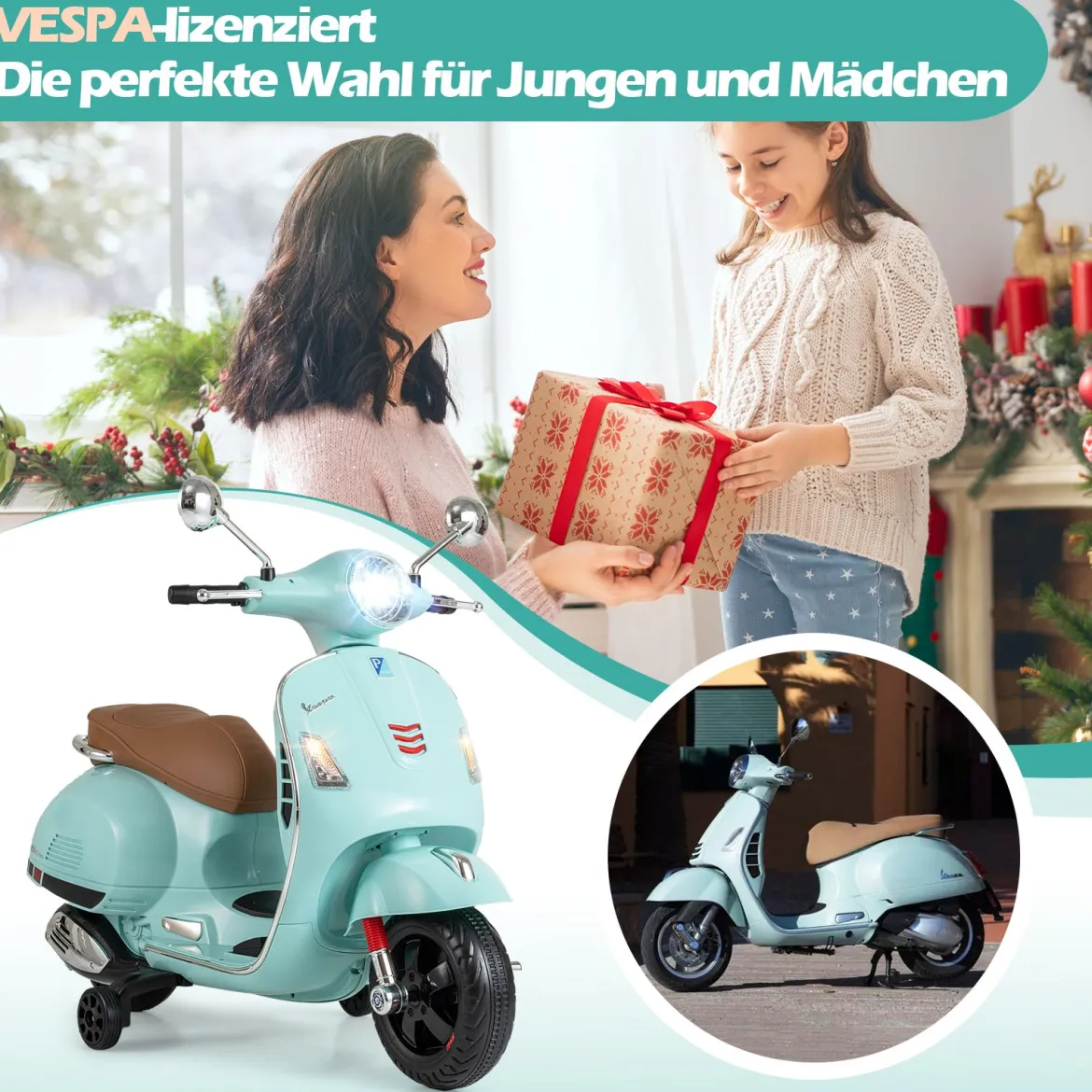 VESPA Kinder Motorrad mit LED-Scheinwerfer & Hupe Elektro Kindermotorrad Elektrofahrzeug Grün