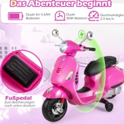 VESPA Kinder Motorrad mit LED-Scheinwerfer & Hupe Elektro Kindermotorrad Elektrofahrzeug Pink