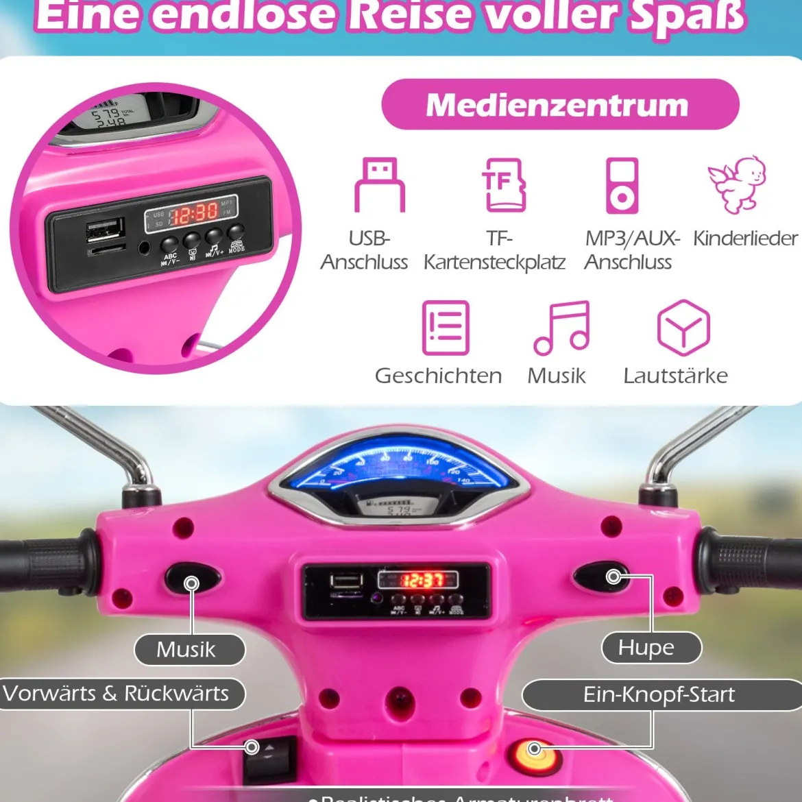 VESPA Kinder Motorrad mit LED-Scheinwerfer & Hupe Elektro Kindermotorrad Elektrofahrzeug Pink