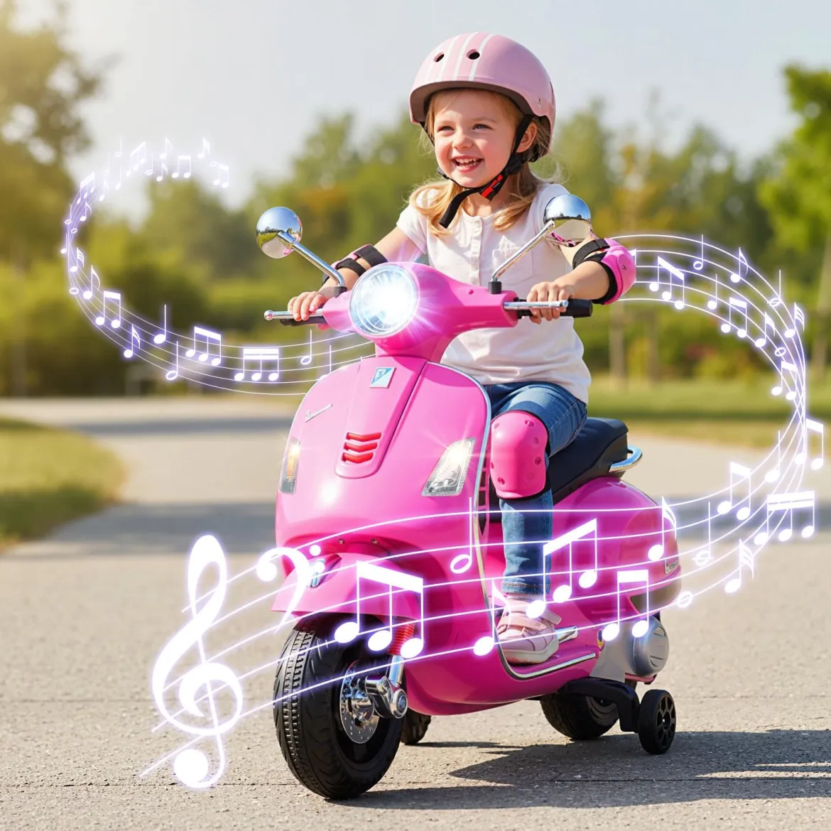 VESPA Kinder Motorrad mit LED-Scheinwerfer & Hupe Elektro Kindermotorrad Elektrofahrzeug Pink