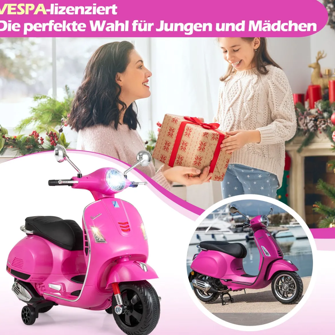 VESPA Kinder Motorrad mit LED-Scheinwerfer & Hupe Elektro Kindermotorrad Elektrofahrzeug Pink