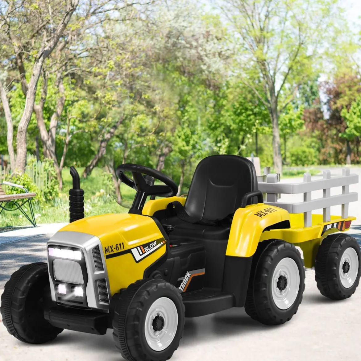 12V 3-Gang Traktor mit Abnehmbarem Anhänger & 2,4G Fernbedienung Kinder Aufsitztraktor