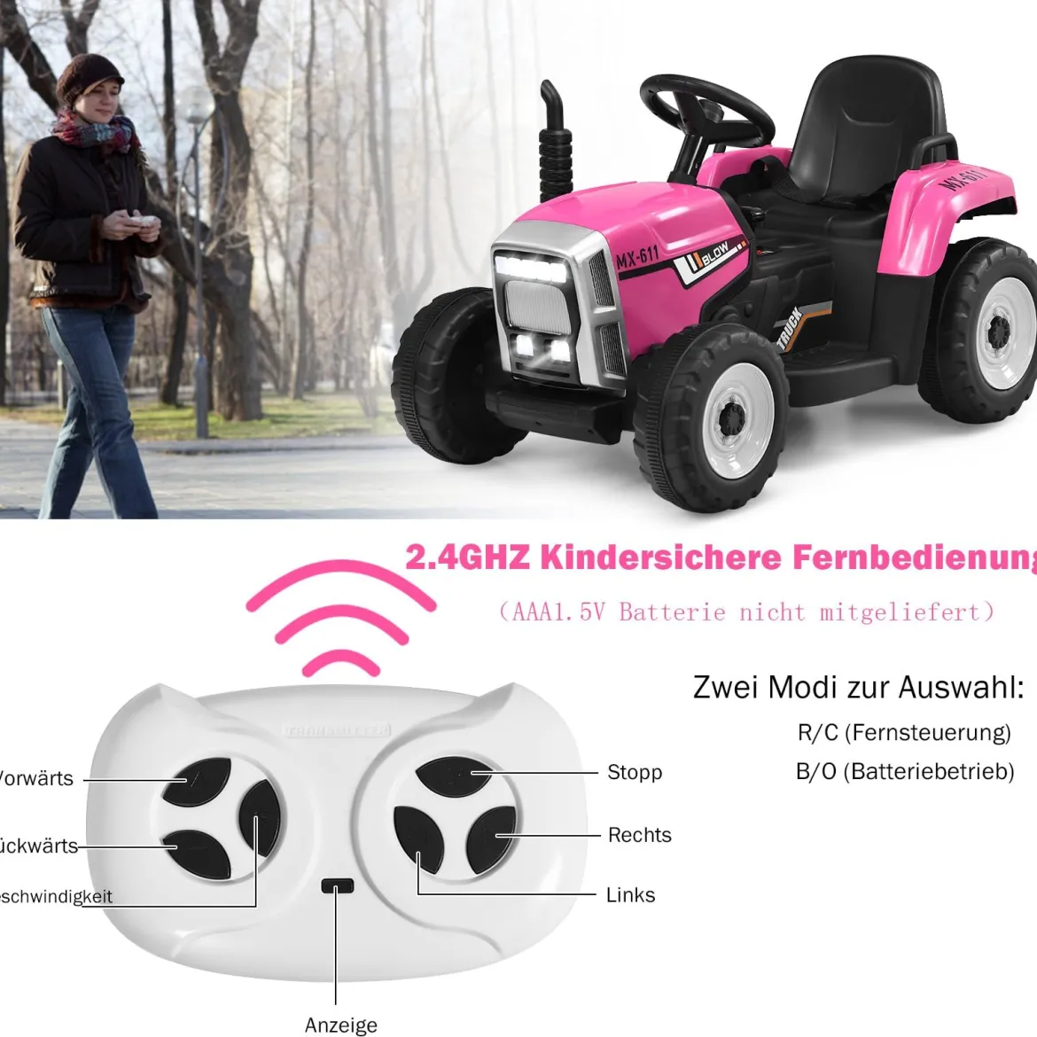 12V 3-Gang Traktor mit Abnehmbarem Anhänger & 2,4G Fernbedienung Kinder Aufsitztraktor