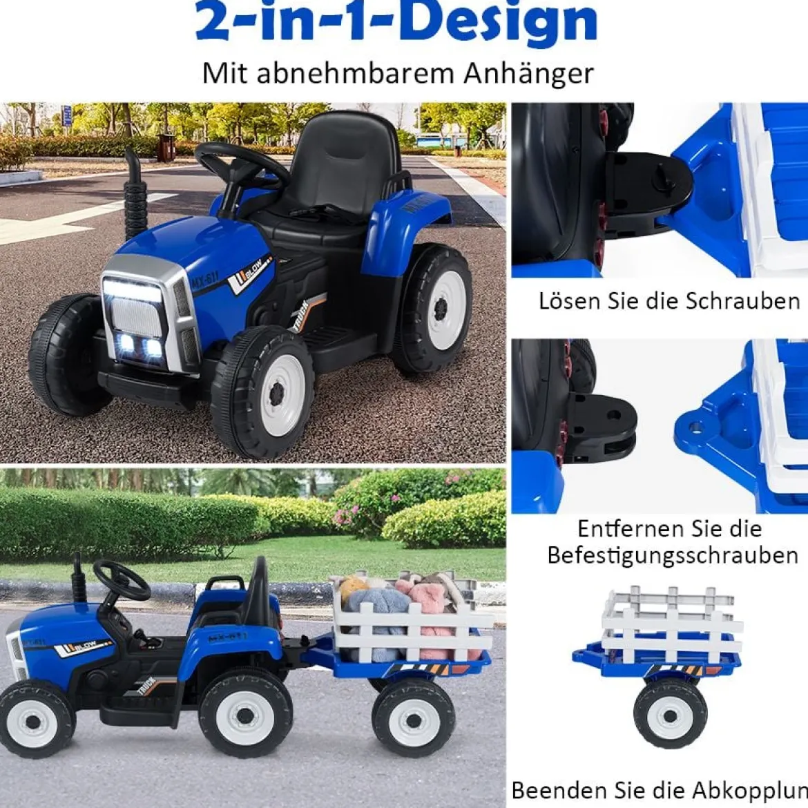 12V 3-Gang Traktor mit Abnehmbarem Anhänger & 2,4G Fernbedienung Kinder Aufsitztraktor