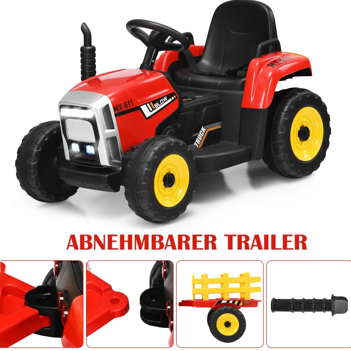 12V 3-Gang Traktor mit Abnehmbarem Anhänger & 2,4G Fernbedienung Kinder Aufsitztraktor