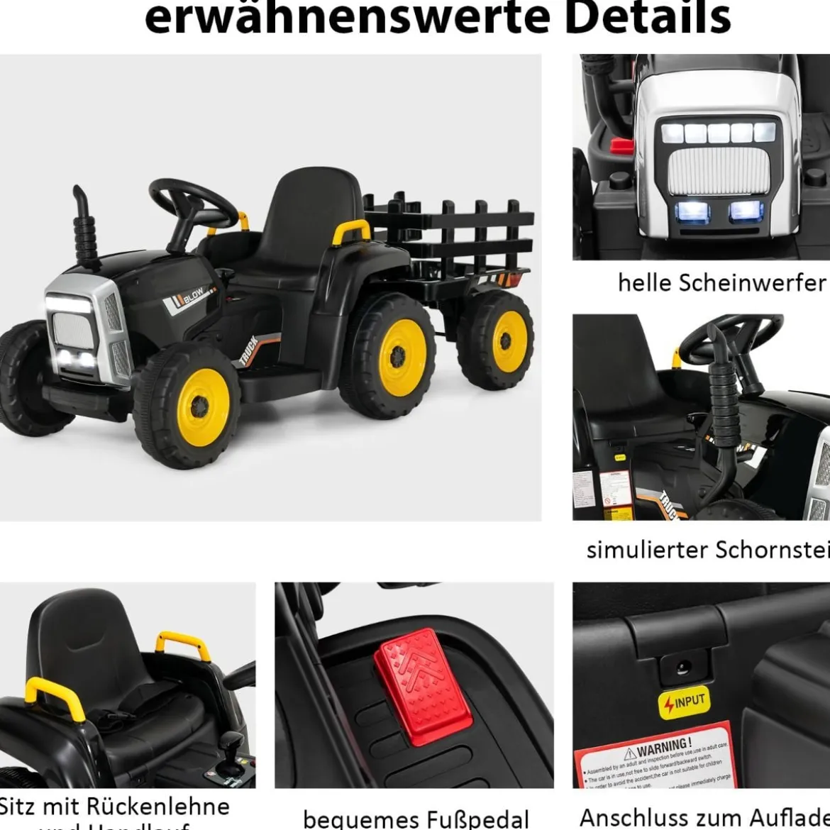 12V 3-Gang Traktor mit Abnehmbarem Anhänger & 2,4G Fernbedienung Kinder Aufsitztraktor