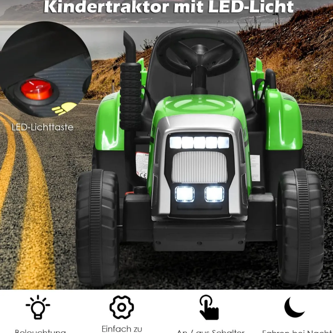 12V 3-Gang Traktor mit Abnehmbarem Anhänger & 2,4G Fernbedienung Kinder Aufsitztraktor