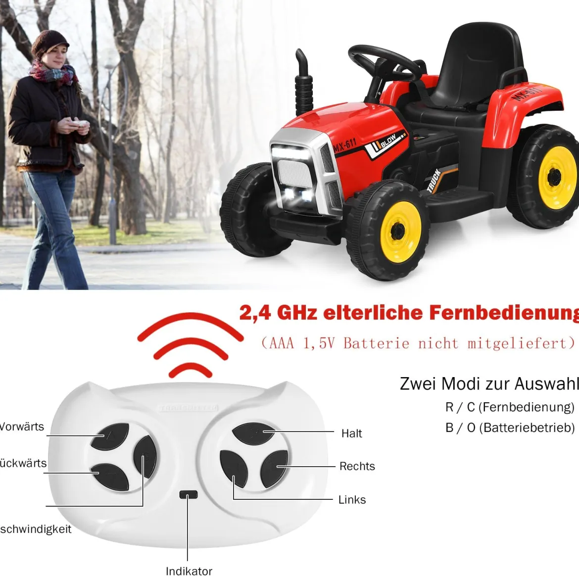 12V 3-Gang Traktor mit Abnehmbarem Anhänger & 2,4G Fernbedienung Kinder Aufsitztraktor