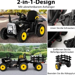 12V 3-Gang Traktor mit Abnehmbarem Anhänger & 2,4G Fernbedienung Kinder Aufsitztraktor