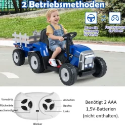 12V 3-Gang Traktor mit Abnehmbarem Anhänger & 2,4G Fernbedienung Kinder Aufsitztraktor