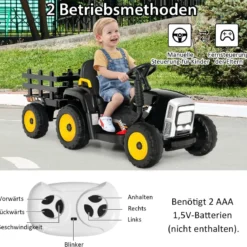 12V 3-Gang Traktor mit Abnehmbarem Anhänger & 2,4G Fernbedienung Kinder Aufsitztraktor