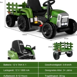 12V 3-Gang Traktor mit Abnehmbarem Anhänger & 2,4G Fernbedienung Kinder Aufsitztraktor