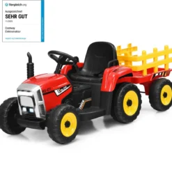 12V 3-Gang Traktor mit Abnehmbarem Anhänger & 2,4G Fernbedienung Kinder Aufsitztraktor