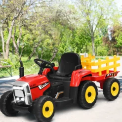 12V 3-Gang Traktor mit Abnehmbarem Anhänger & 2,4G Fernbedienung Kinder Aufsitztraktor
