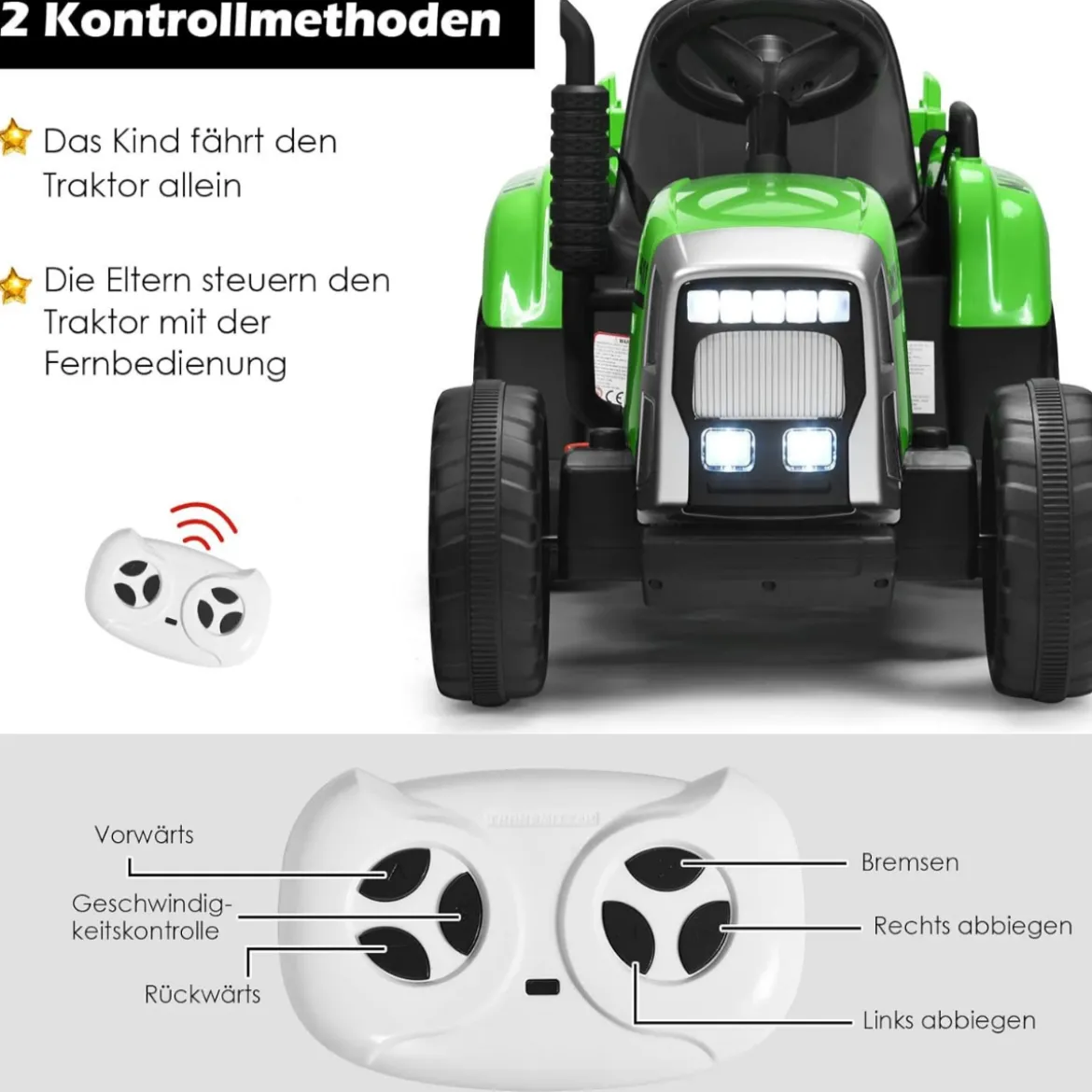 12V 3-Gang Traktor mit Abnehmbarem Anhänger & 2,4G Fernbedienung Kinder Aufsitztraktor