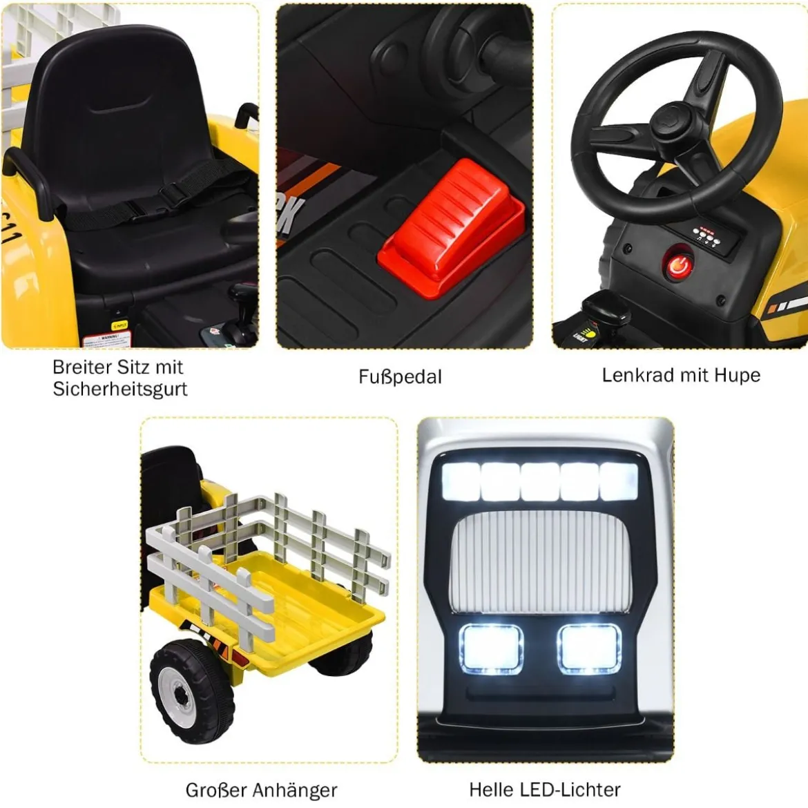 12V 3-Gang Traktor mit Abnehmbarem Anhänger & 2,4G Fernbedienung Kinder Aufsitztraktor