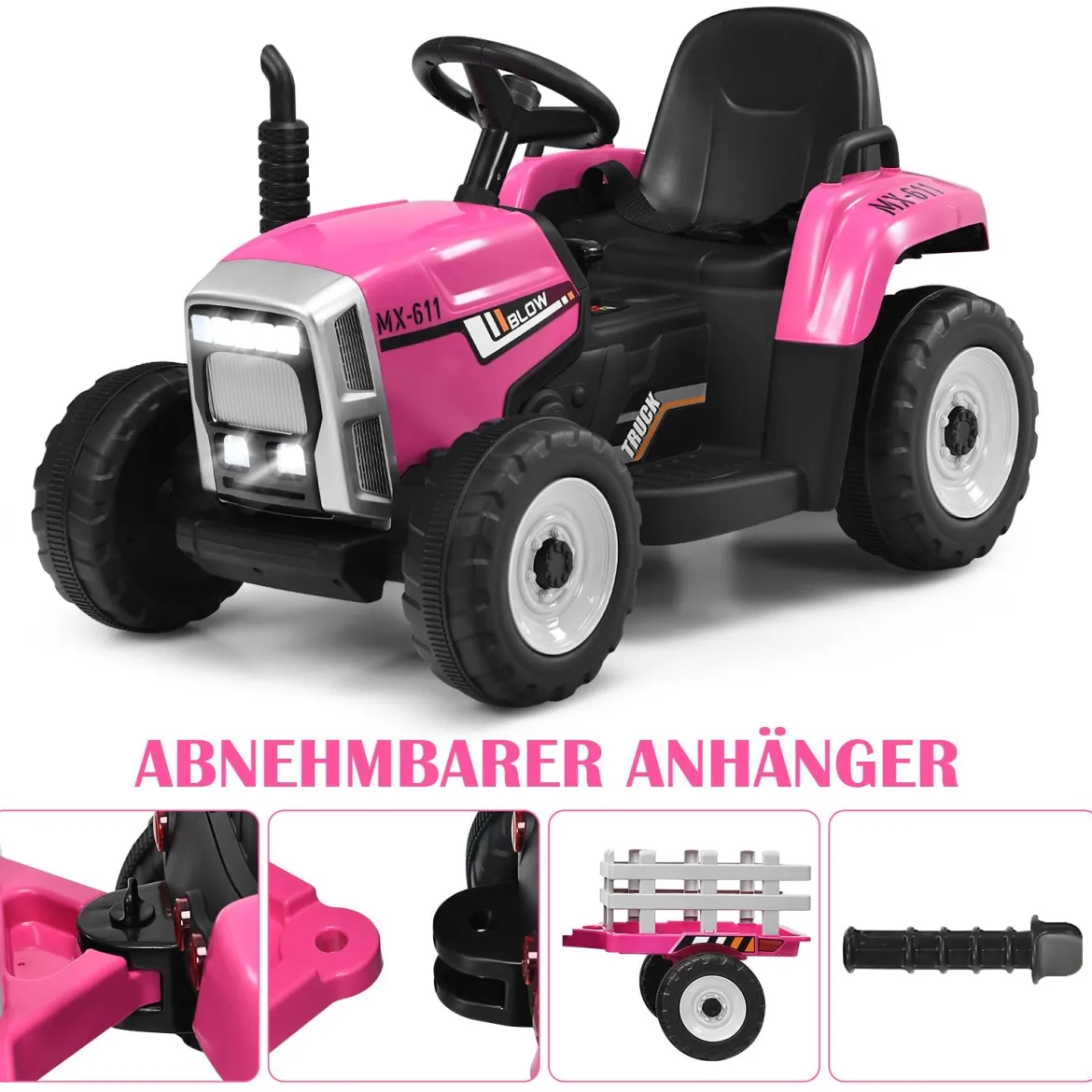 12V 3-Gang Traktor mit Abnehmbarem Anhänger & 2,4G Fernbedienung Kinder Aufsitztraktor