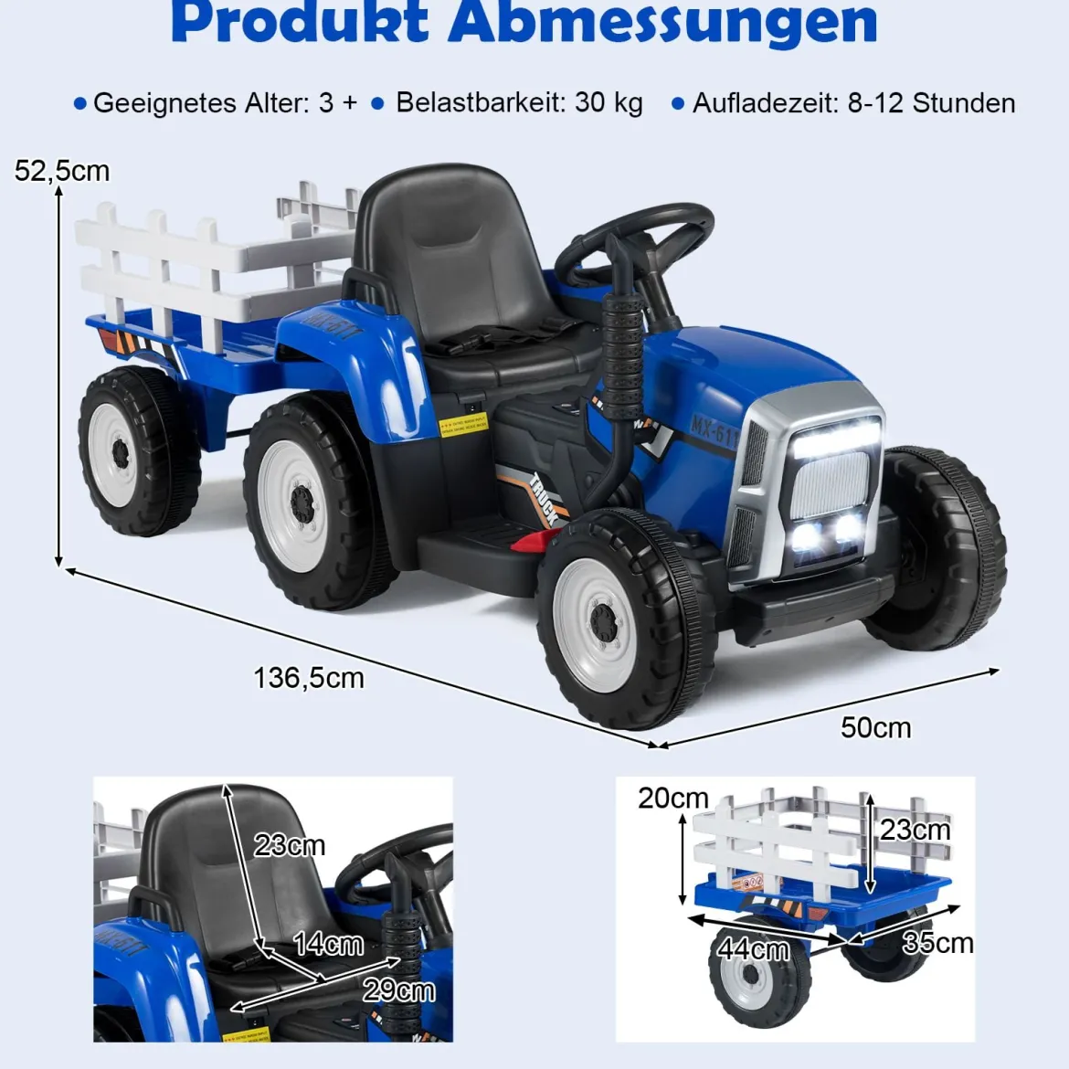 12V 3-Gang Traktor mit Abnehmbarem Anhänger & 2,4G Fernbedienung Kinder Aufsitztraktor