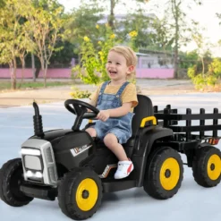 12V 3-Gang Traktor mit Abnehmbarem Anhänger & 2,4G Fernbedienung Kinder Aufsitztraktor
