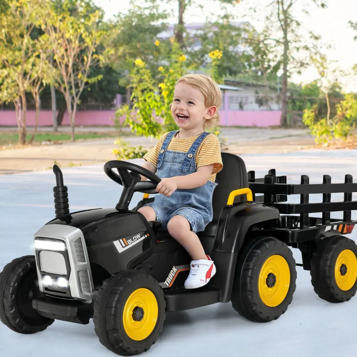 12V 3-Gang Traktor mit Abnehmbarem Anhänger & 2,4G Fernbedienung Kinder Aufsitztraktor