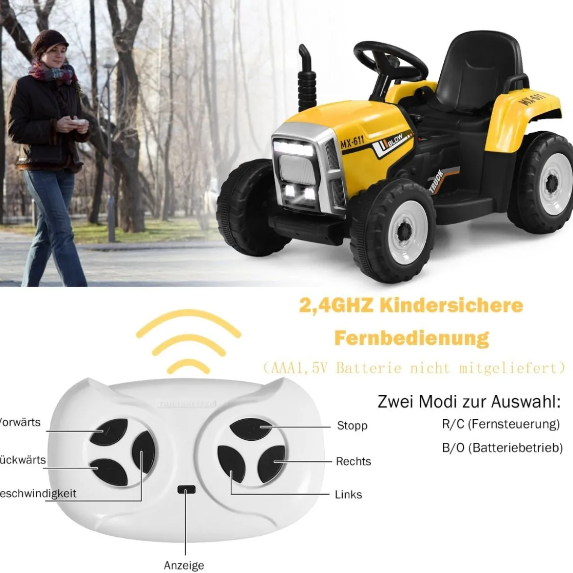 12V 3-Gang Traktor mit Abnehmbarem Anhänger & 2,4G Fernbedienung Kinder Aufsitztraktor