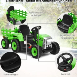 12V 3-Gang Traktor mit Abnehmbarem Anhänger & 2,4G Fernbedienung Kinder Aufsitztraktor