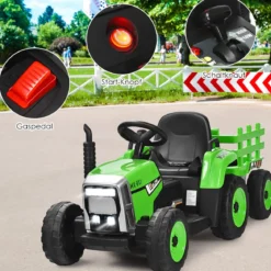 12V 3-Gang Traktor mit Abnehmbarem Anhänger & 2,4G Fernbedienung Kinder Aufsitztraktor