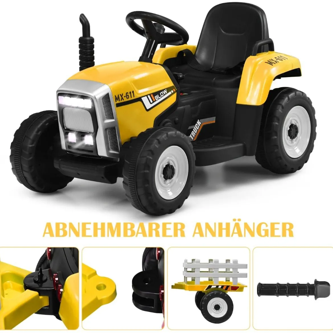 12V 3-Gang Traktor mit Abnehmbarem Anhänger & 2,4G Fernbedienung Kinder Aufsitztraktor