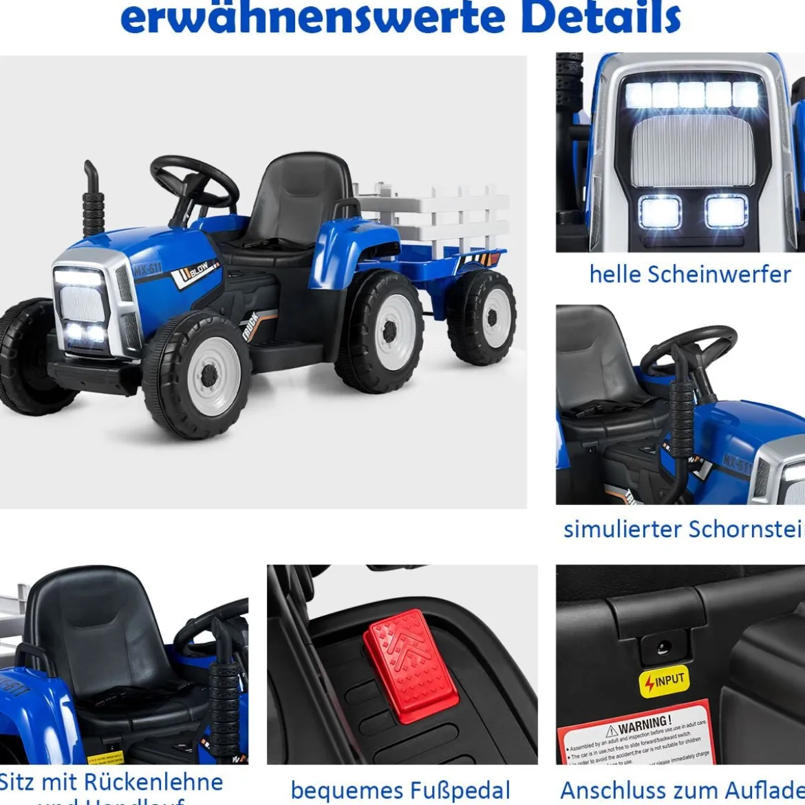12V 3-Gang Traktor mit Abnehmbarem Anhänger & 2,4G Fernbedienung Kinder Aufsitztraktor