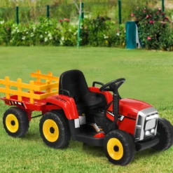 12V 3-Gang Traktor mit Abnehmbarem Anhänger & 2,4G Fernbedienung Kinder Aufsitztraktor