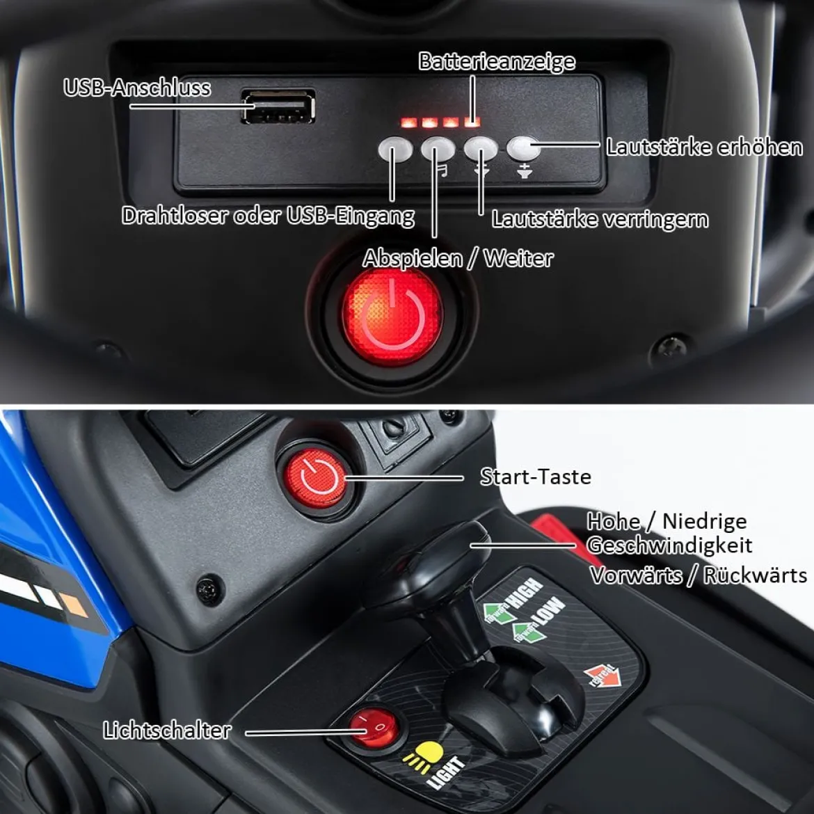 12V 3-Gang Traktor mit Abnehmbarem Anhänger & 2,4G Fernbedienung Kinder Aufsitztraktor