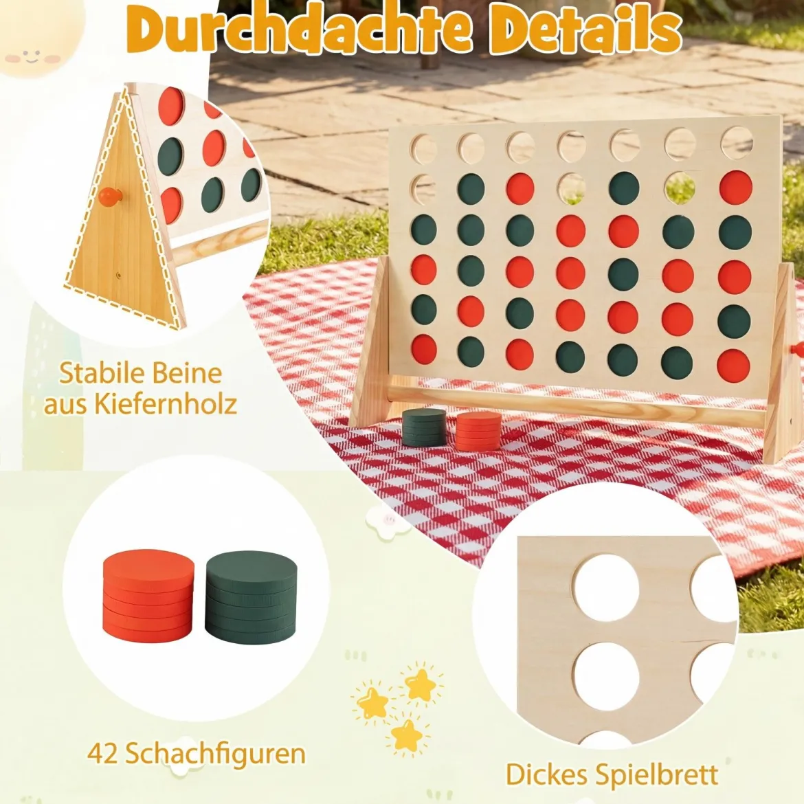 Vier Gewinnt aus Kiefernholz mit 42 Spielsteine Jumbo 4 Gewinnt Montessori Vier in Einer Reihe Spiel
