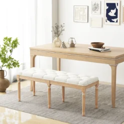 Vintage Eingangsbank mit Massiven Gummibaumholzbeinen Gepolsterte Bettbank Sitzbank Beige