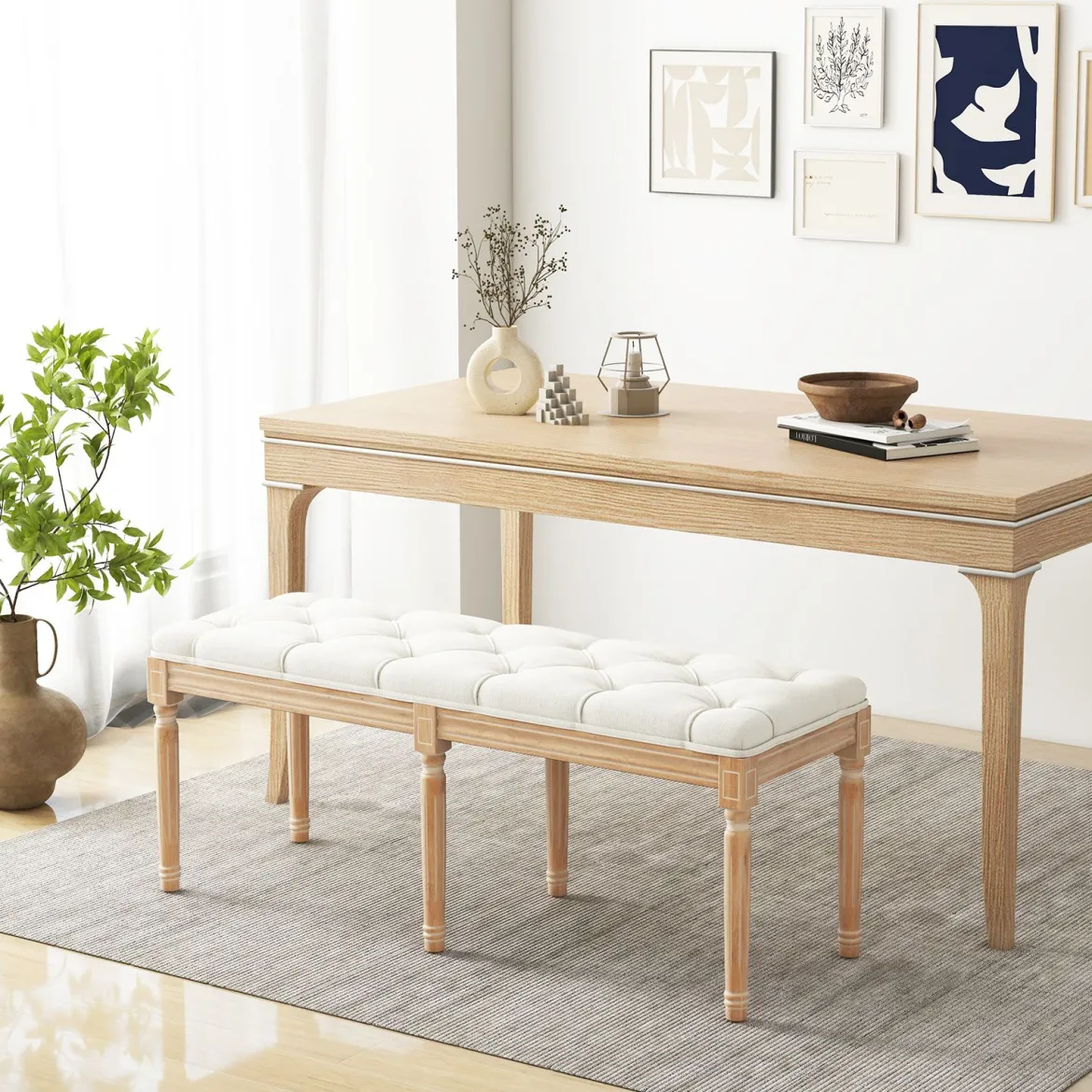 Vintage Eingangsbank mit Massiven Gummibaumholzbeinen Gepolsterte Bettbank Sitzbank Beige