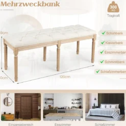 Vintage Eingangsbank mit Massiven Gummibaumholzbeinen Gepolsterte Bettbank Sitzbank Beige
