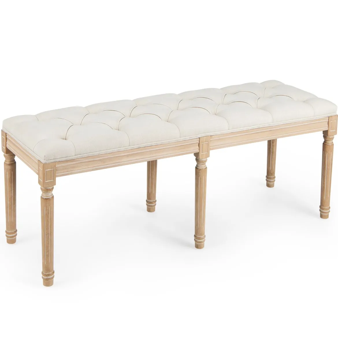 Vintage Eingangsbank mit Massiven Gummibaumholzbeinen Gepolsterte Bettbank Sitzbank Beige