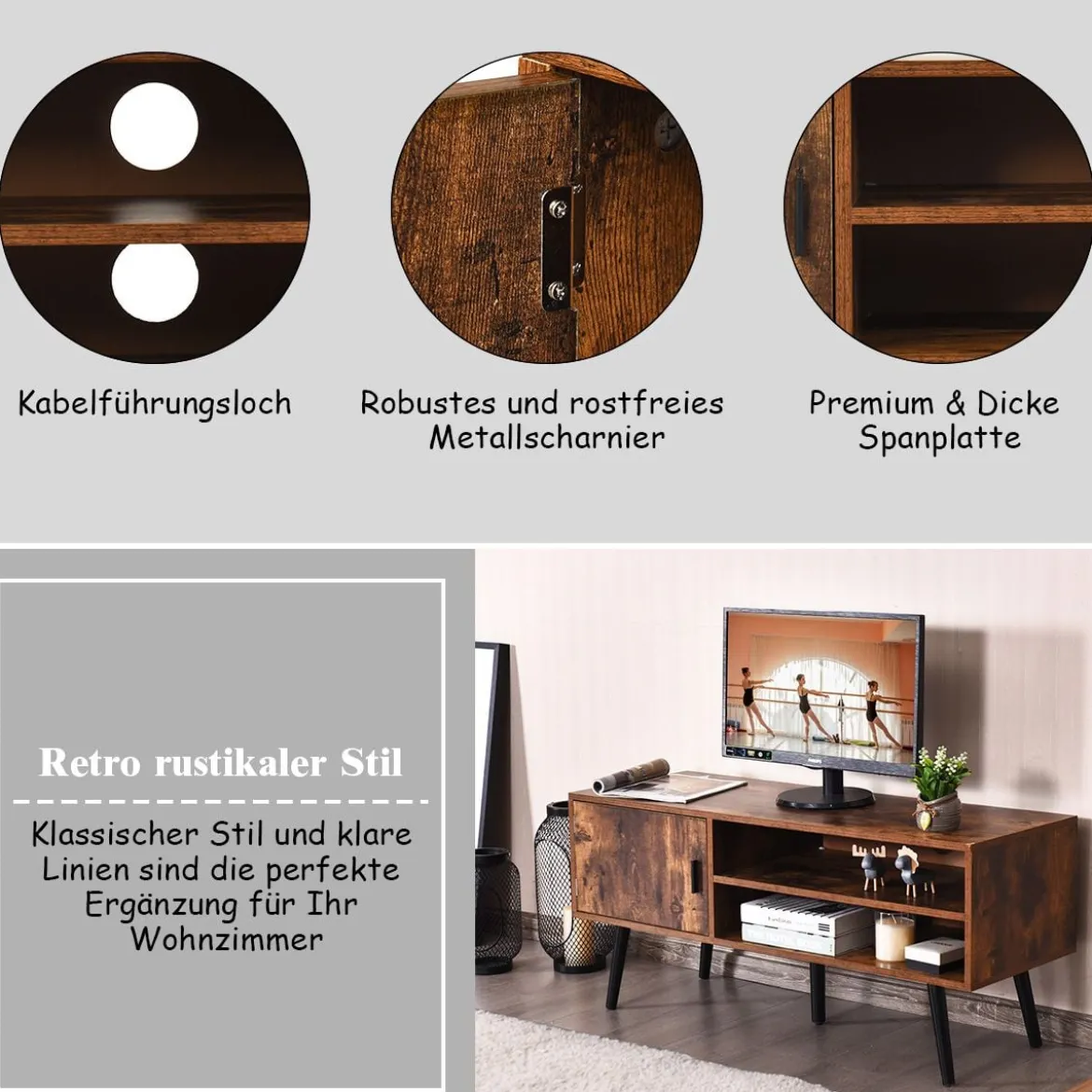 Vintage Fernsehtisch mit Staufach und 2 Offenen Fächern für Fernseher bis zu 42 Zoll