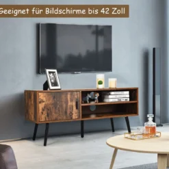Vintage Fernsehtisch mit Staufach und 2 Offenen Fächern für Fernseher bis zu 42 Zoll