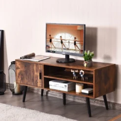 Vintage Fernsehtisch mit Staufach und 2 Offenen Fächern für Fernseher bis zu 42 Zoll