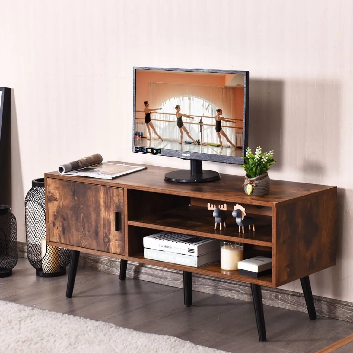 Vintage Fernsehtisch mit Staufach und 2 Offenen Fächern für Fernseher bis zu 42 Zoll