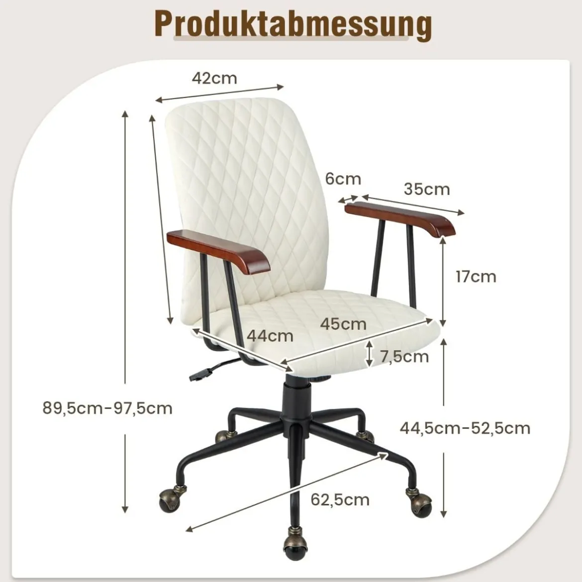 Vintage gepolsterter Bürostuhl mit Armlehnen aus Gummiholz und 5-Krallen-Metallfuß höhenverstellbarer Rollstuhl aus SamtBeige