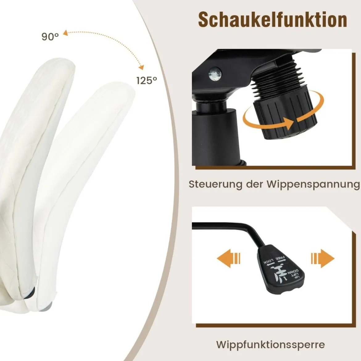 Vintage gepolsterter Bürostuhl mit Armlehnen aus Gummiholz und 5-Krallen-Metallfuß höhenverstellbarer Rollstuhl aus SamtBeige