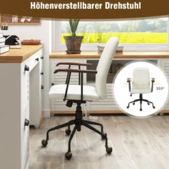 Vintage gepolsterter Bürostuhl mit Armlehnen aus Gummiholz und 5-Krallen-Metallfuß höhenverstellbarer Rollstuhl aus SamtBeige
