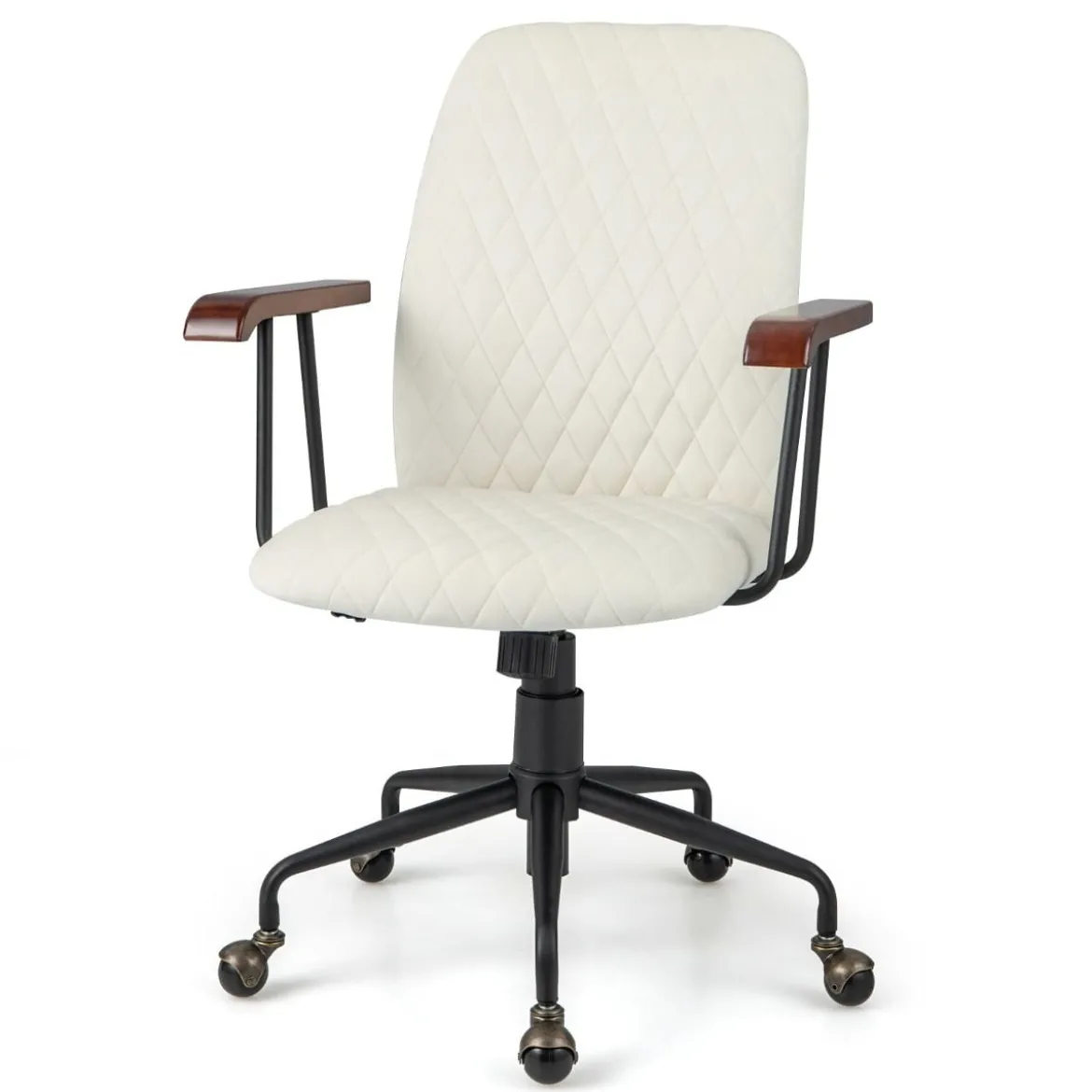 Vintage gepolsterter Bürostuhl mit Armlehnen aus Gummiholz und 5-Krallen-Metallfuß höhenverstellbarer Rollstuhl aus SamtBeige