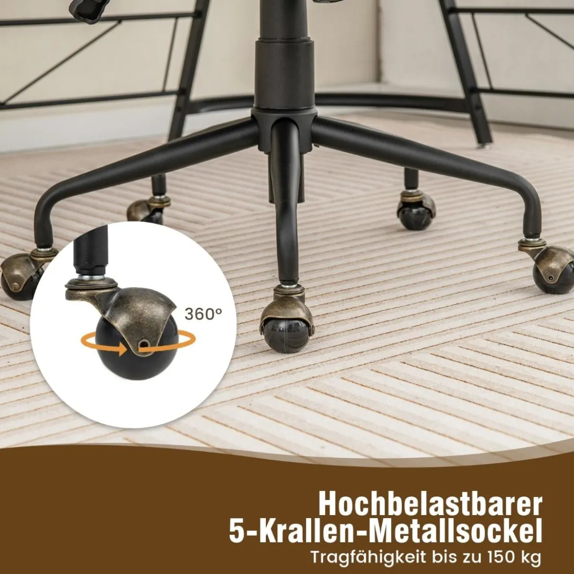 Vintage gepolsterter Bürostuhl mit Armlehnen aus Gummiholz und 5-Krallen-Metallfuß höhenverstellbarer Rollstuhl aus SamtBeige